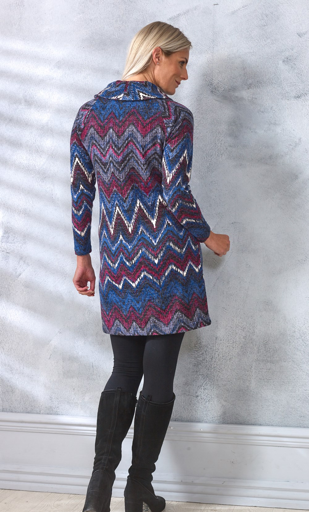 Printed Cowl Neck Knitted Tunic Dress