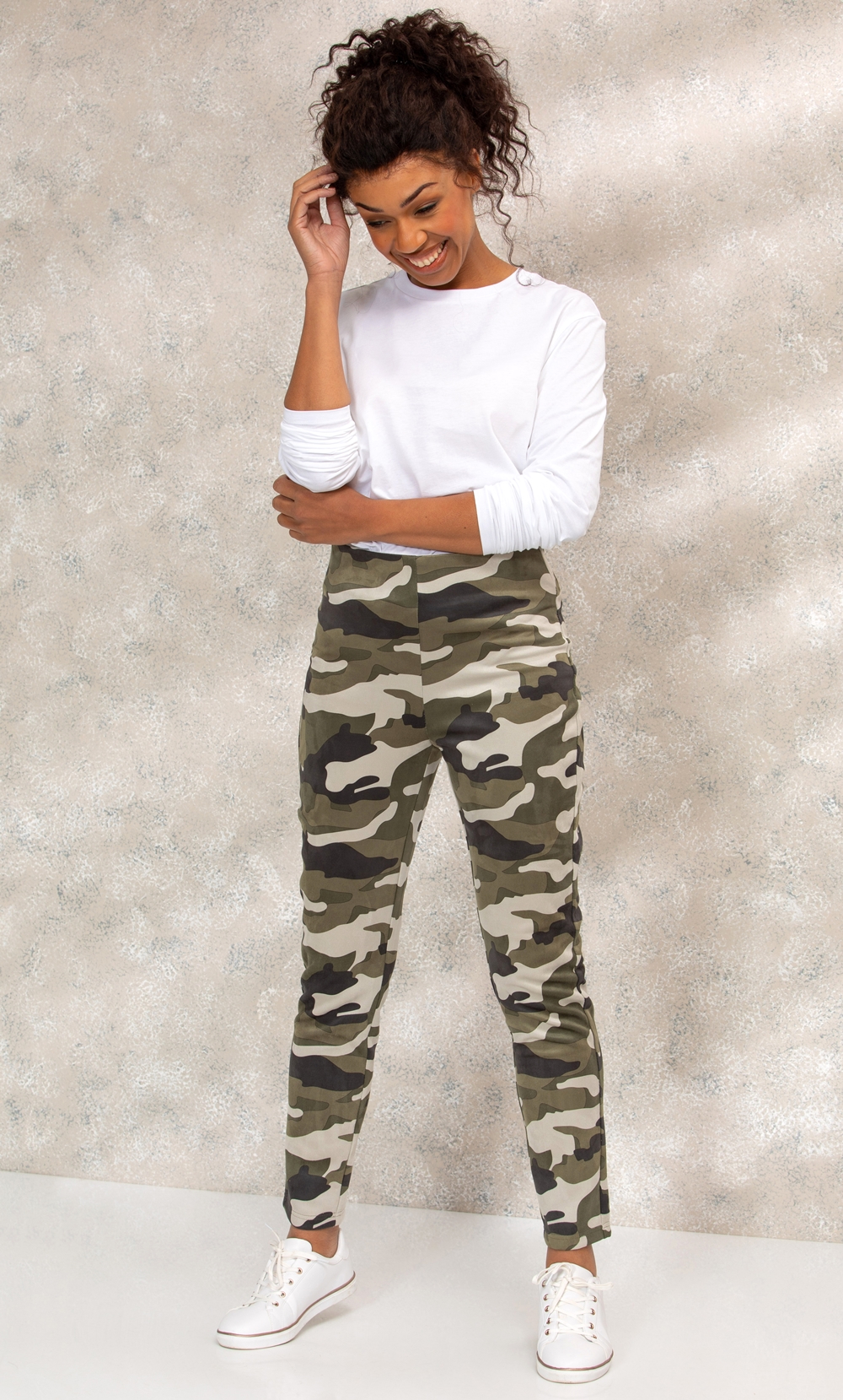 Suedette Camouflage Printed Pull On Trousers