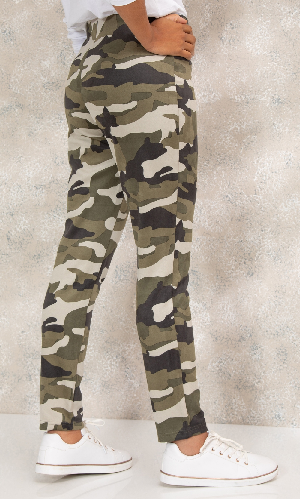 Suedette Camouflage Printed Pull On Trousers