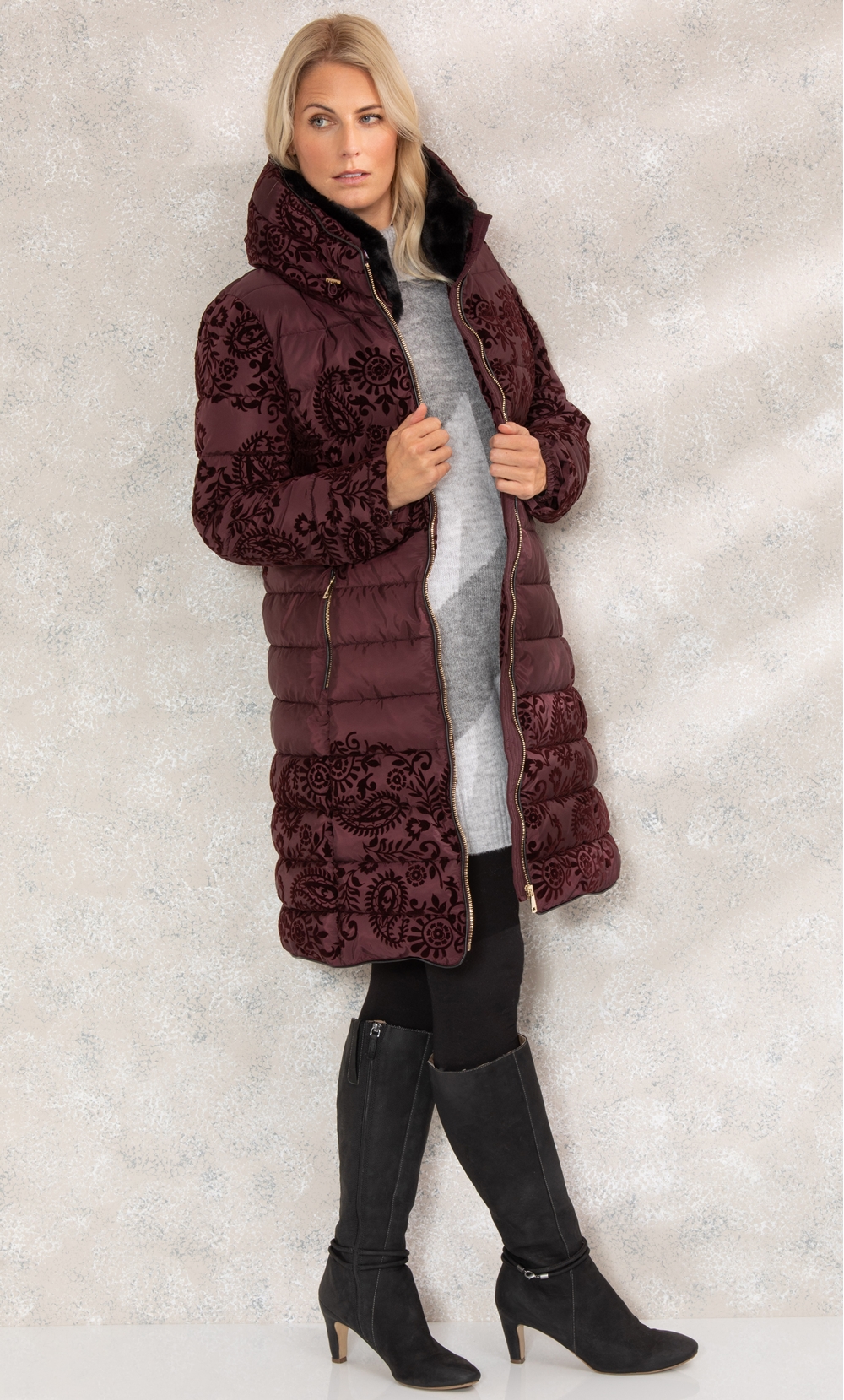 Flocked Faux Fur Trim Padded Longline Coat in Black