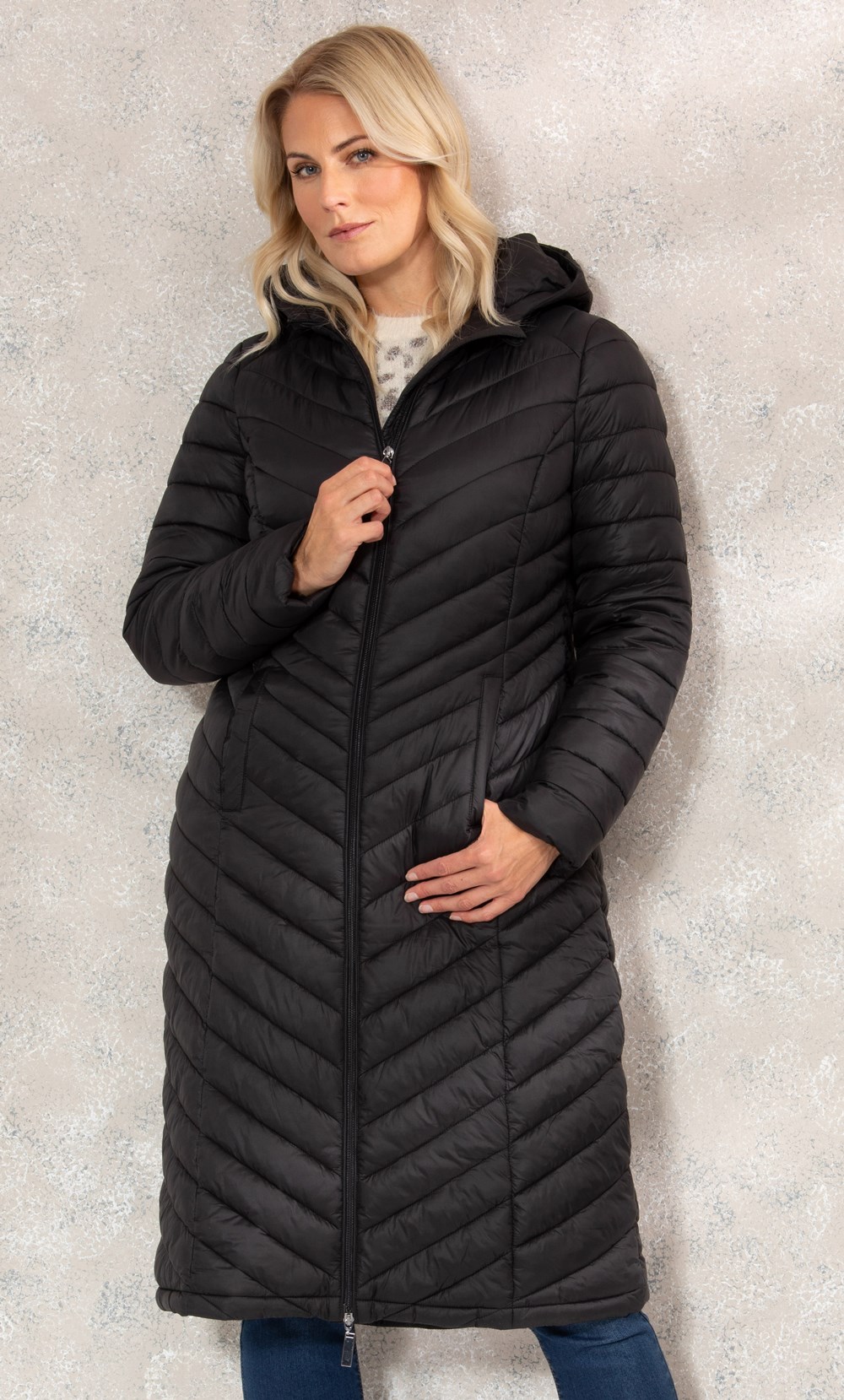 Longline Padded Hooded Coat in Black | Klass
