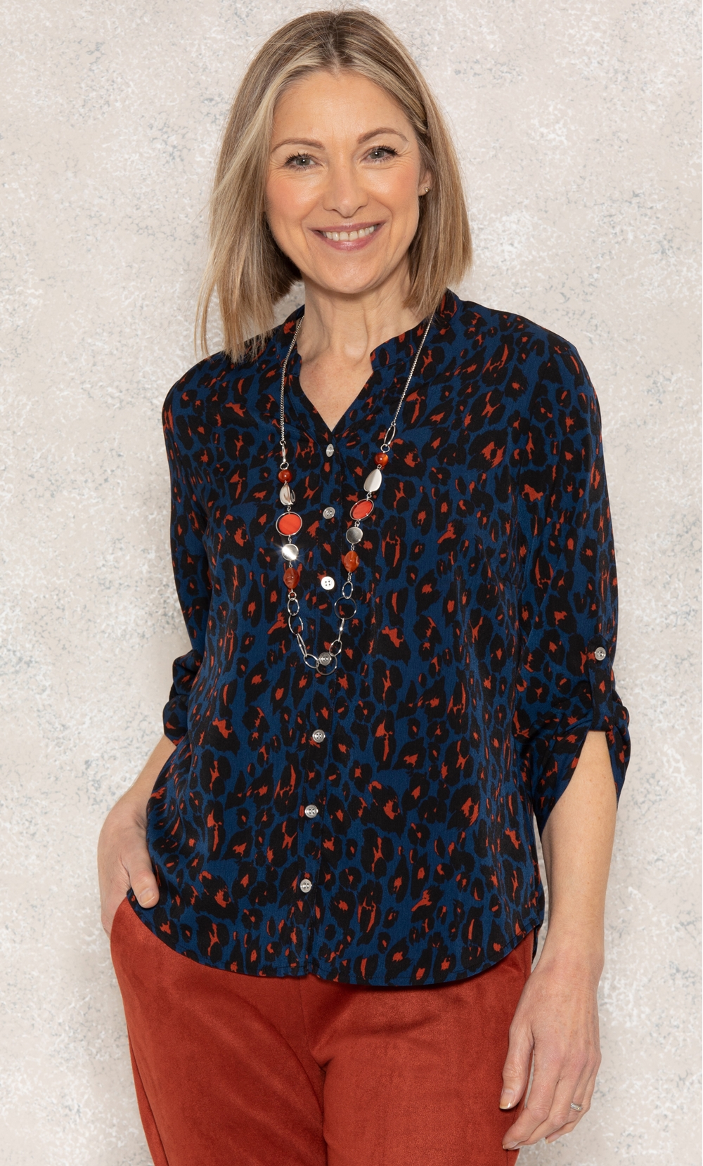 Anna Rose Animal Print Blouse With Necklace