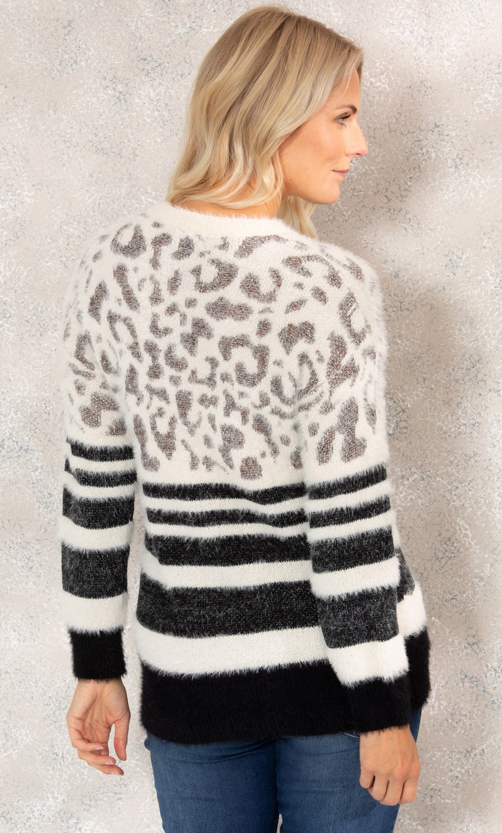 Stripe And Animal Print Eyelash Knit Top