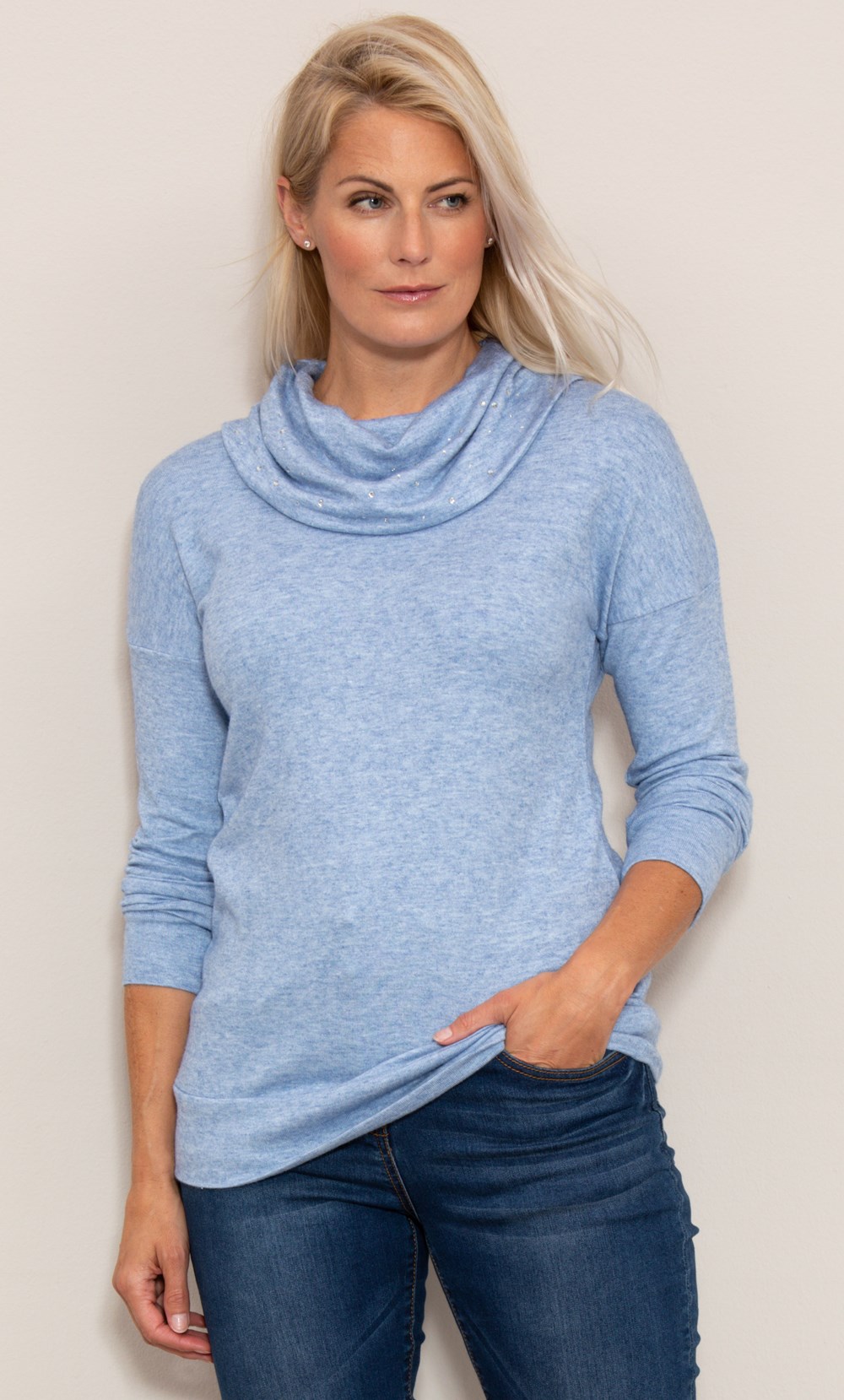 Embellished Cowl Neck Knitted Lounge Top