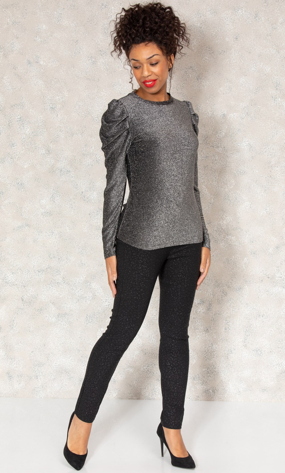 Long Puff Sleeve Shimmer Jersey Top
