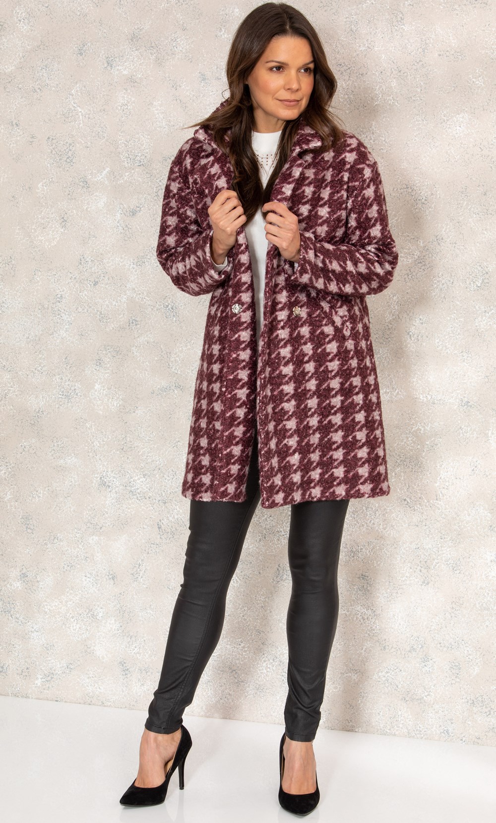 Houndstooth Boucle Double Breasted Coat