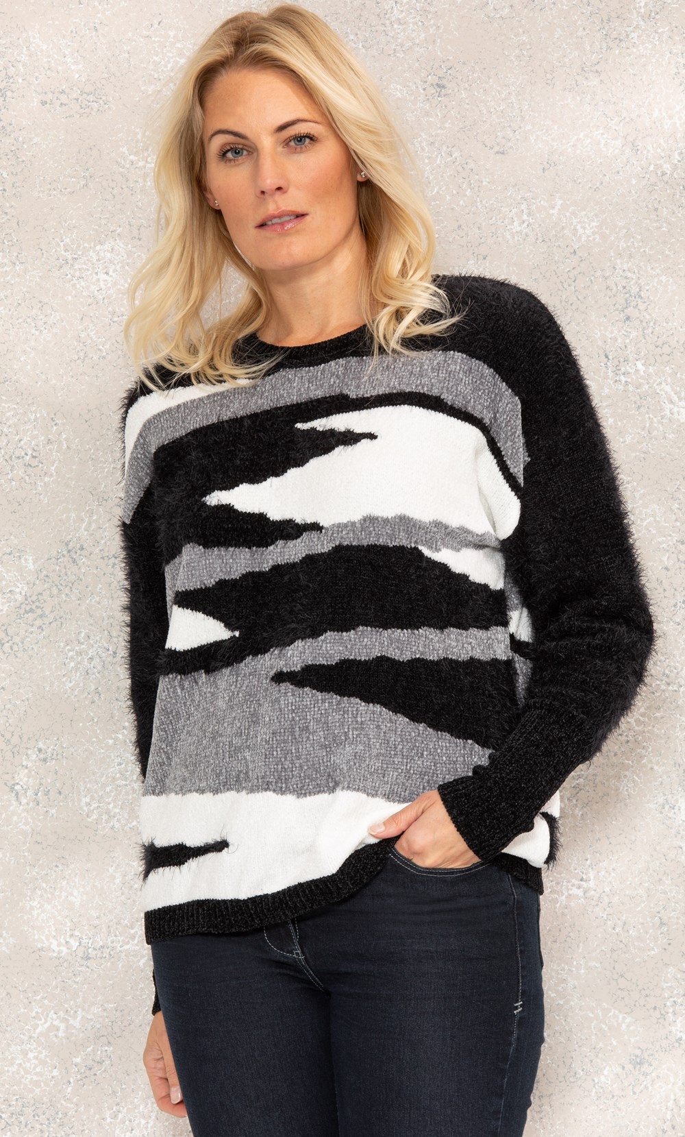 Chenille And Feather Knit Long Sleeve Top