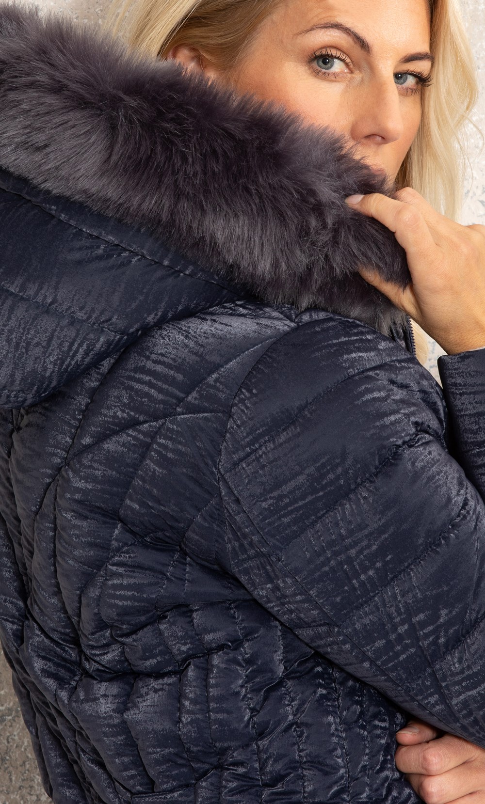 Faux Fur Trim Hooded Coat in Blue | Klass
