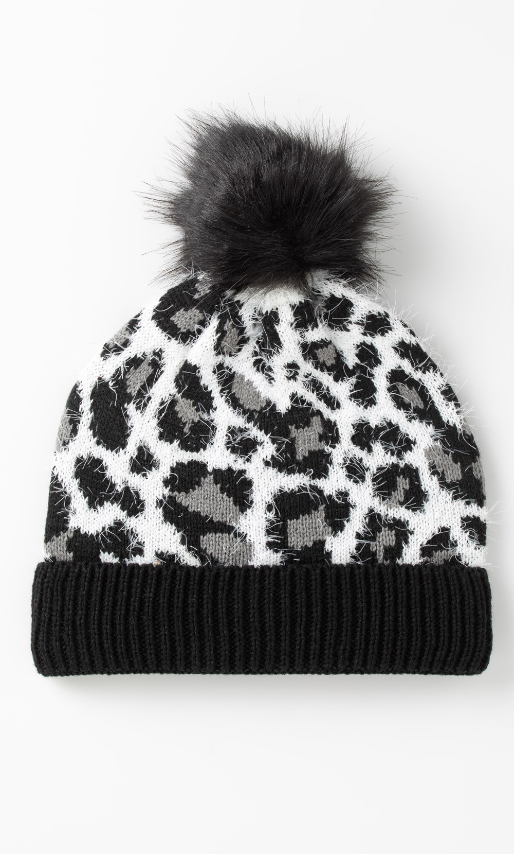 Leopard Knit Pom Pom Beanie Hat