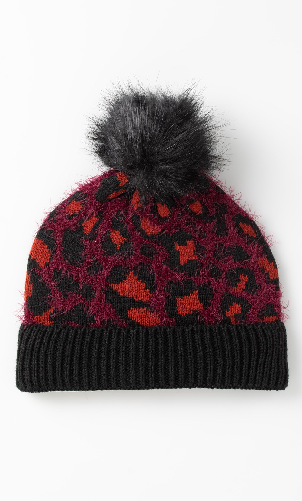 Brands - Klass Leopard Knit Pom Pom Beanie Hat Red Women’s