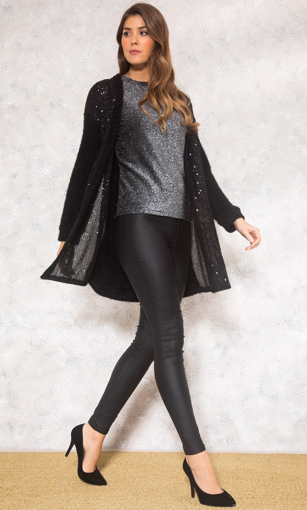 Feather Knit And Sequin Mesh Open Cardigan