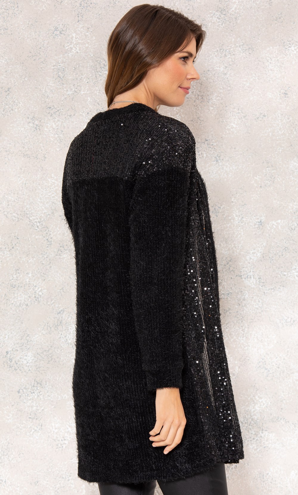 Feather Knit And Sequin Mesh Open Cardigan