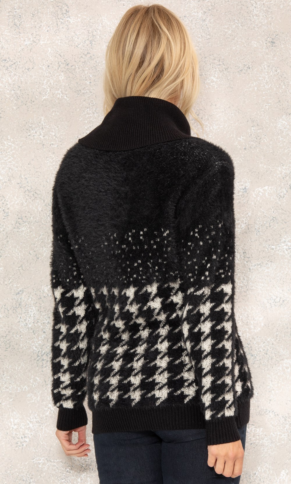 Houndstooth Feather Knit Cowl Neck Top