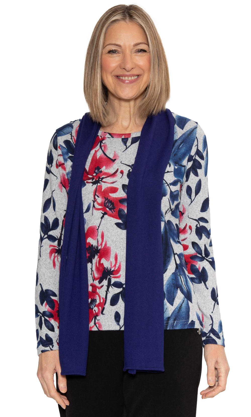 Anna Rose Floral Print Brushed Knit Top With Scarf