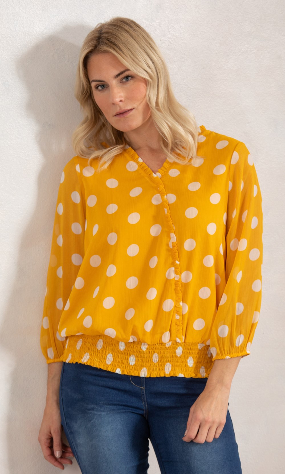 Brands - Klass Crinkle Spot Printed Chiffon Top Mustard/White Women’s