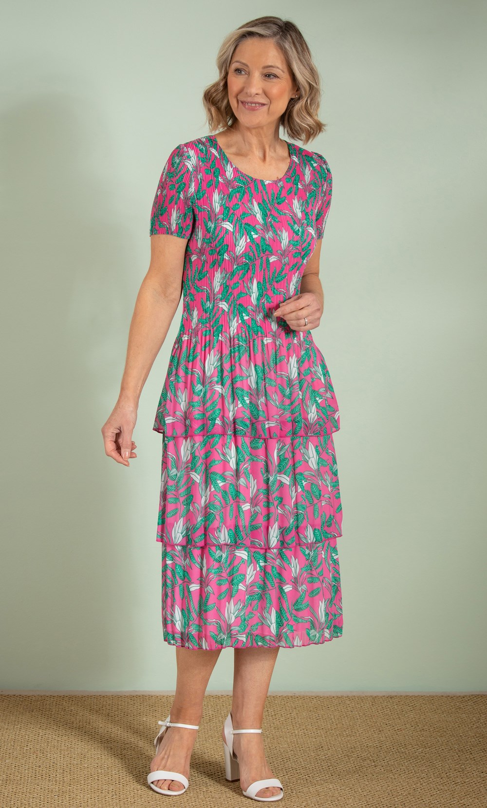 Anna Rose Printed Layered Chiffon Midi Dress in Pink | Klass