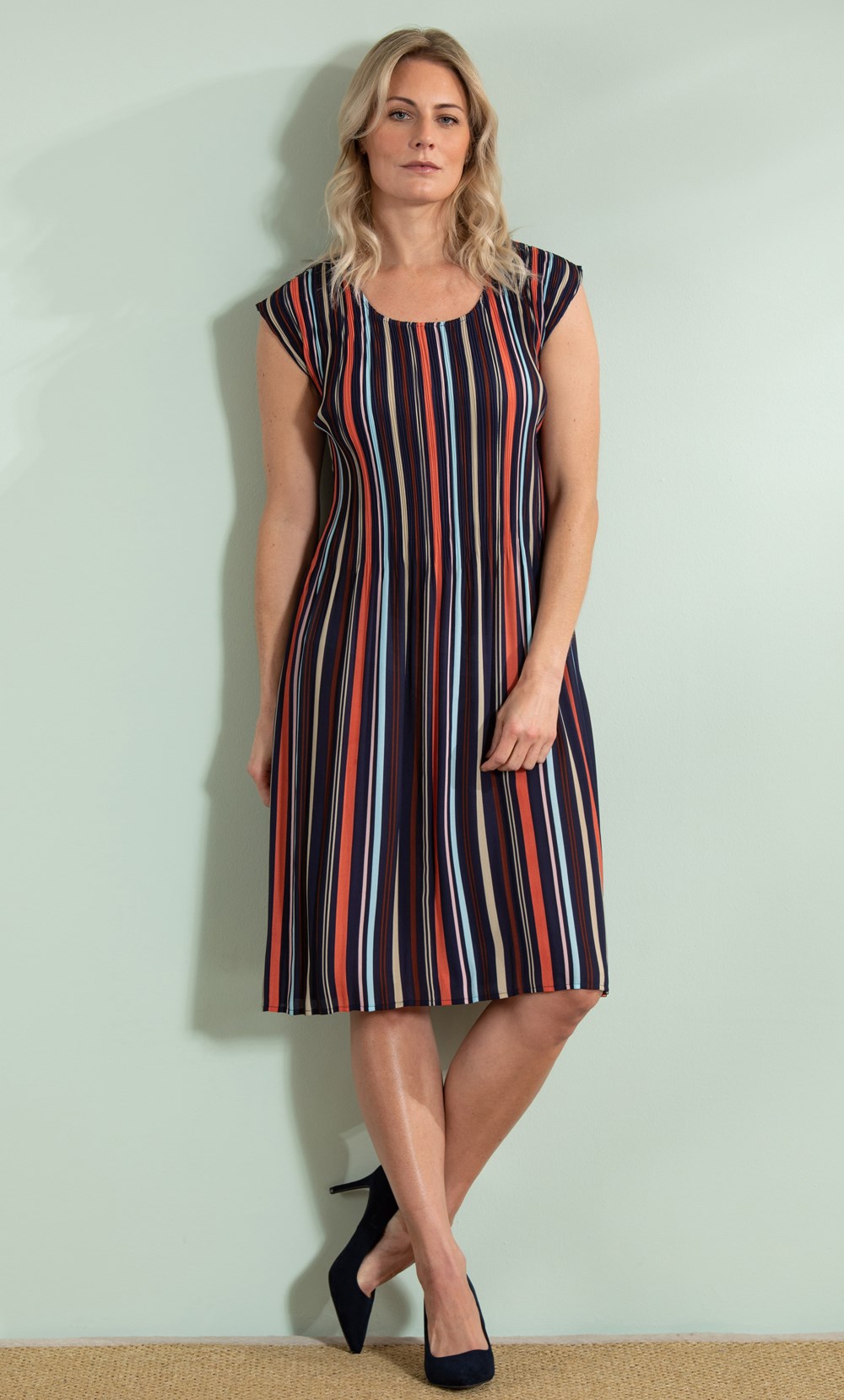 Brands - Klass Stripe Print Pleated Knee Length Dress Navy/Coral/Blue Women’s
