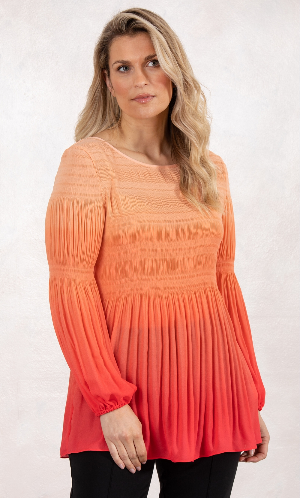 Ombre Pleated Long Sleeve Georgette Top