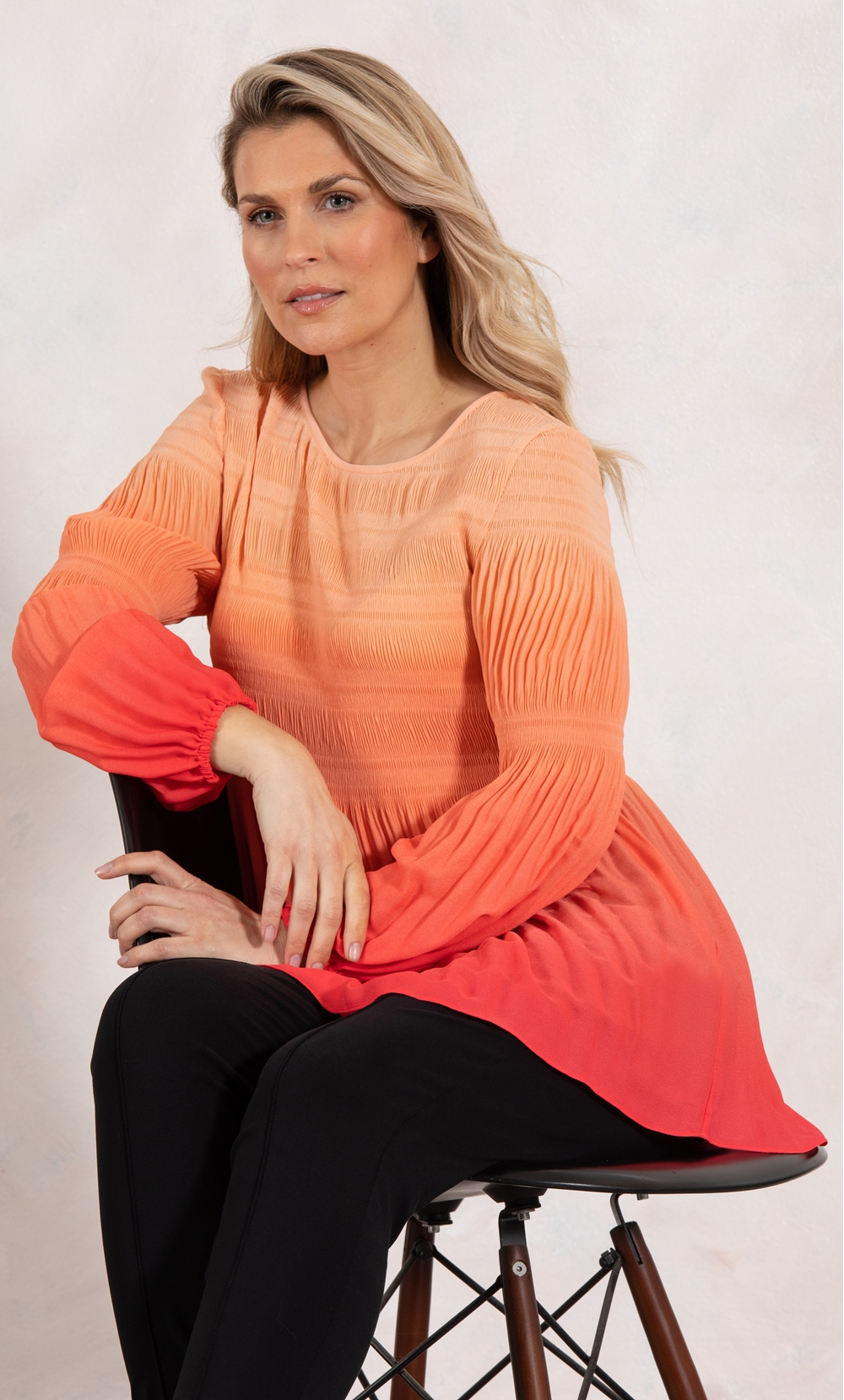 Ombre Pleated Long Sleeve Georgette Top