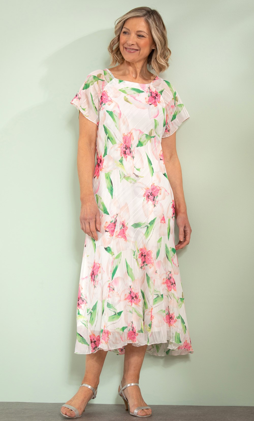 Anna Rose Bias Cut Floral Midi Dress in Ivory | Klass