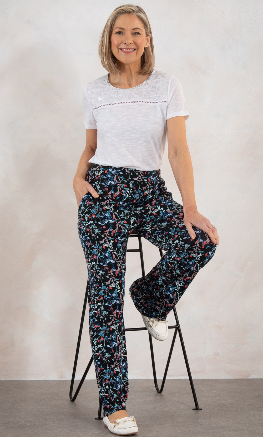 Brands - Anna Rose Anna Rose Floral Jersey Wide Leg Trousers Black/Coral/Multi Women’s