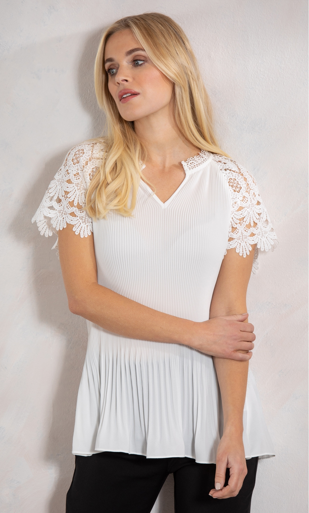 Lace Sleeve Pleated Top in Ivory | Klass