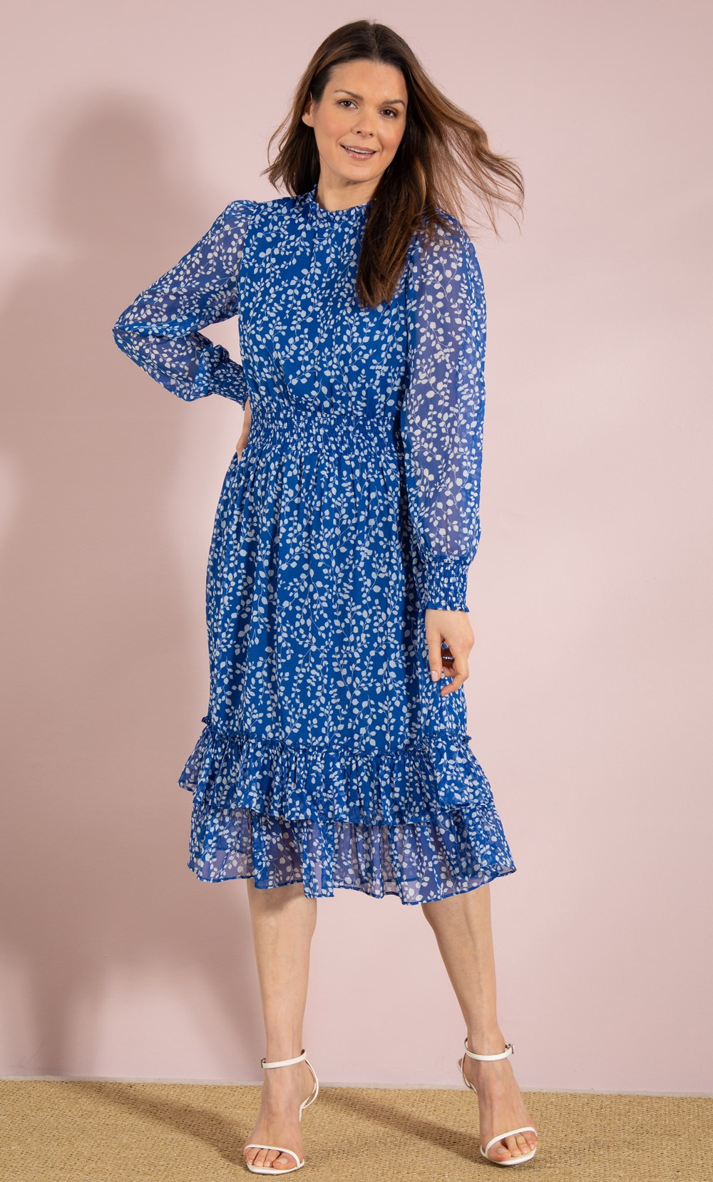 Brands - Klass Printed Long Sleeve Chiffon Midi Dress Cobalt/Ivory Women’s