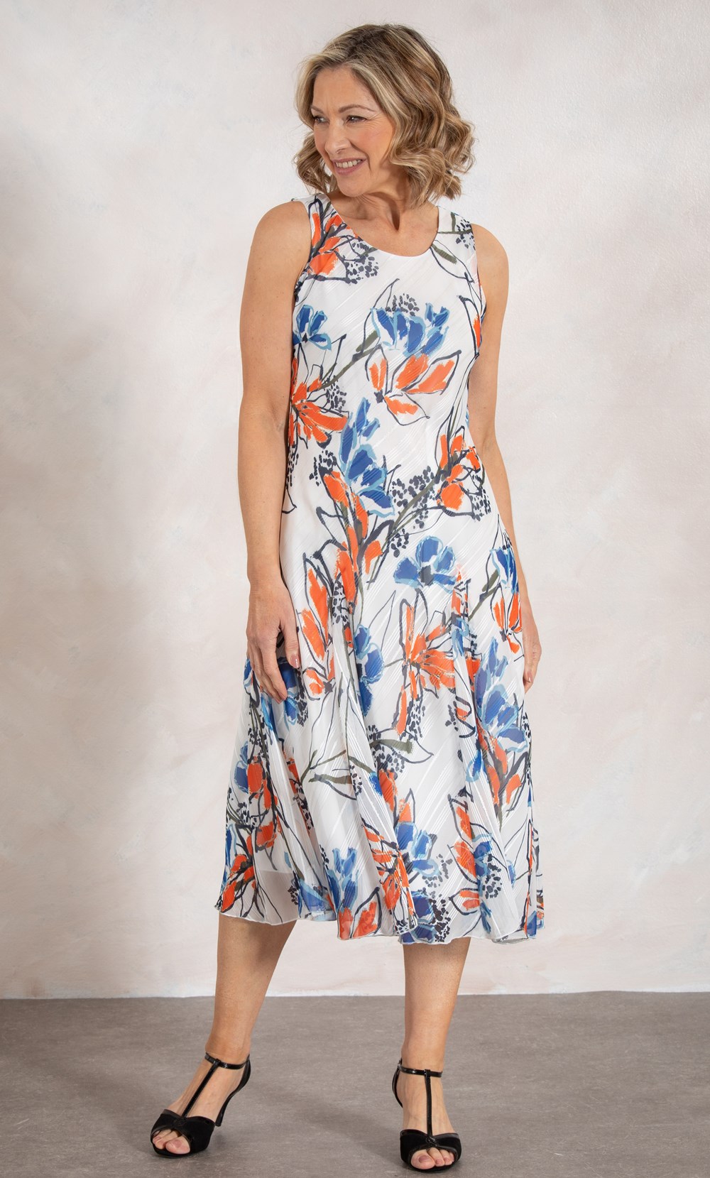 Anna Rose Bias Cut Floral Print Midi Dress Ivory/Cobalt/Orange Women’s