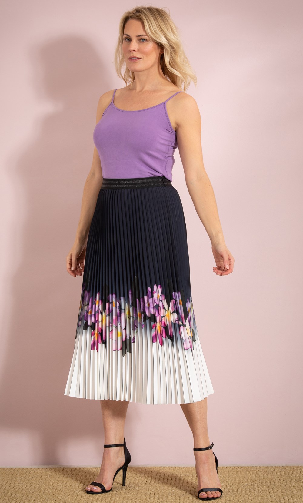 Floral Border Print Pleated Midi Skirt