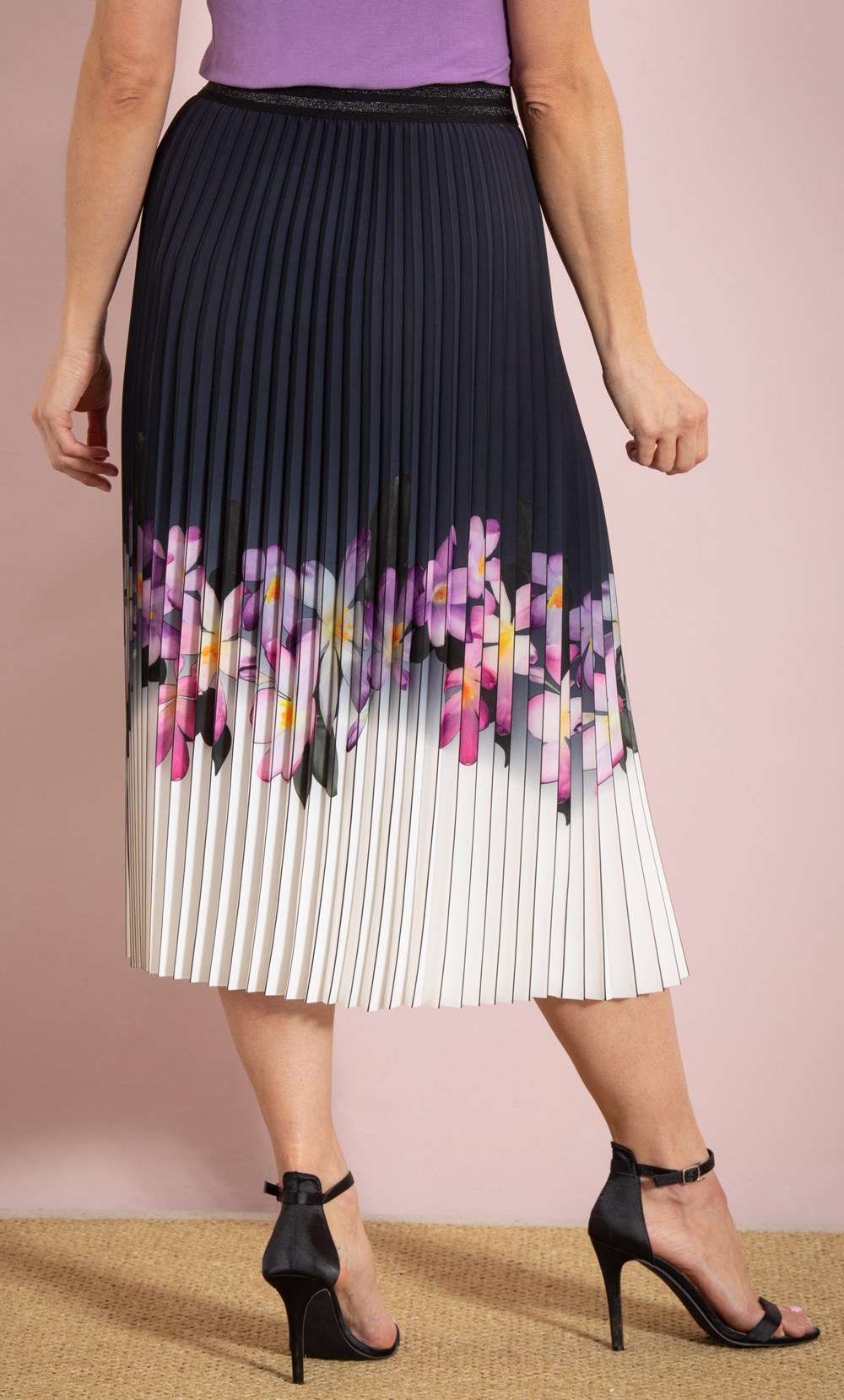 Floral Border Print Pleated Midi Skirt