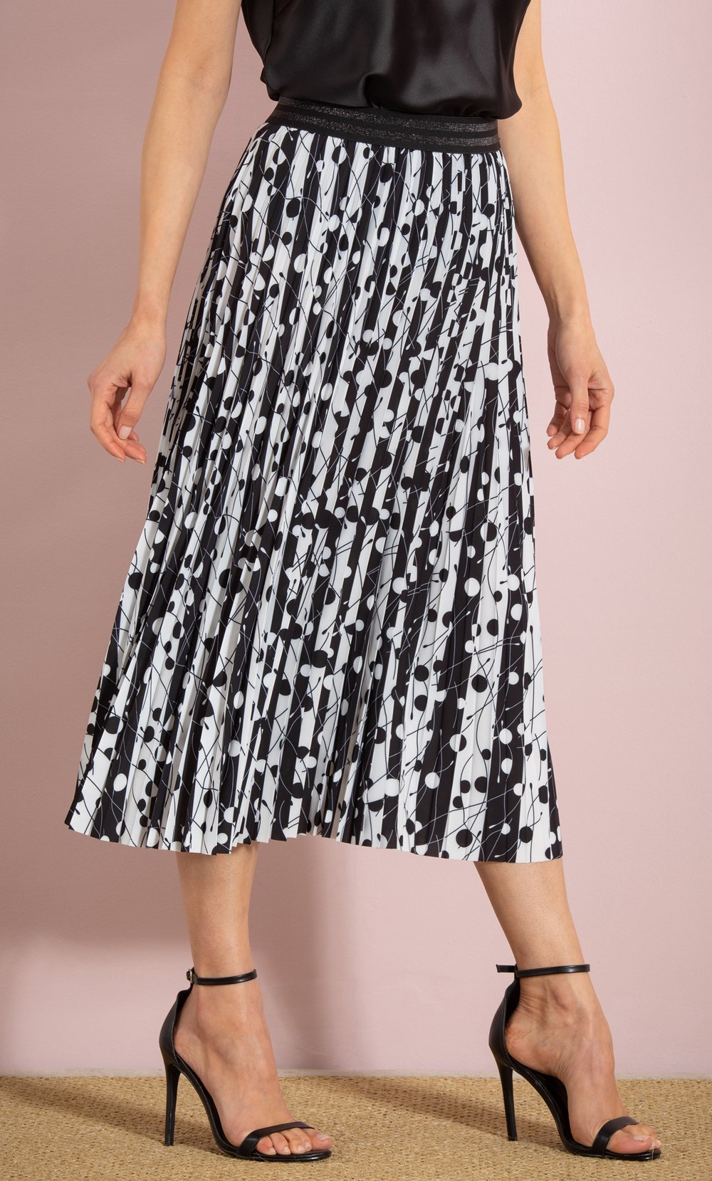Stripe And Spot Pleated Pull On Midi Skirt