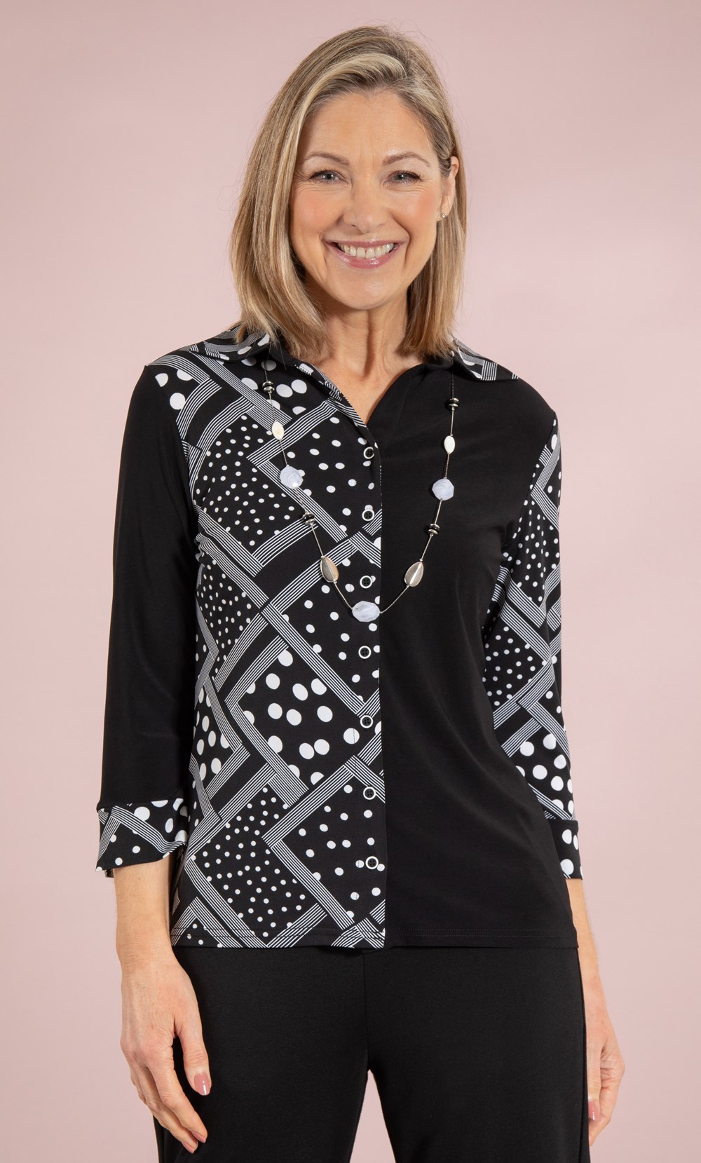 Brands - Anna Rose Anna Rose Spot And Stripe Blouse With Necklace Black/White Women’s