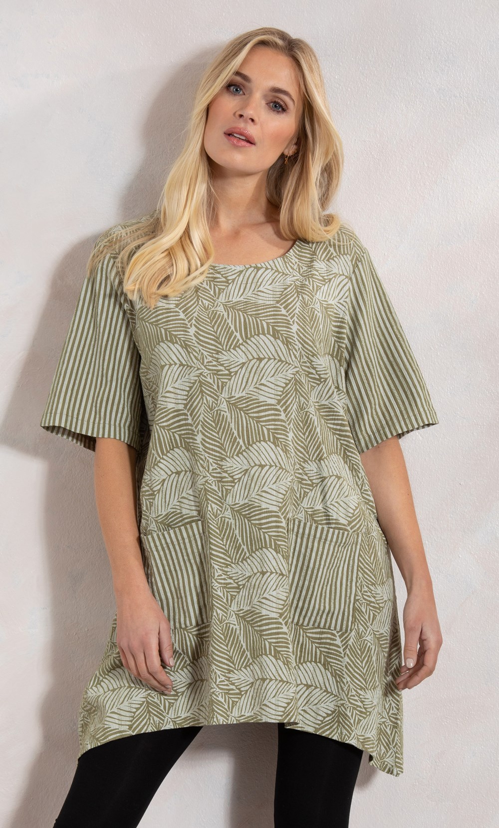 Leaf And Stripe Print Textured Tunic Top