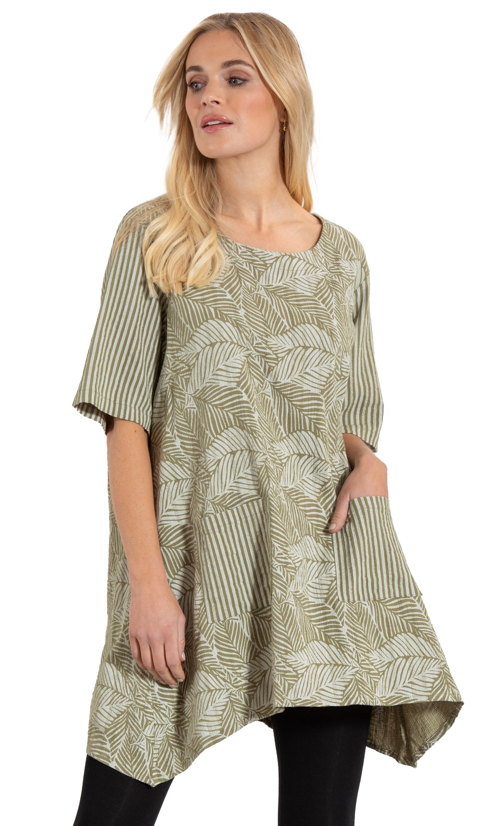 Leaf And Stripe Print Textured Tunic Top