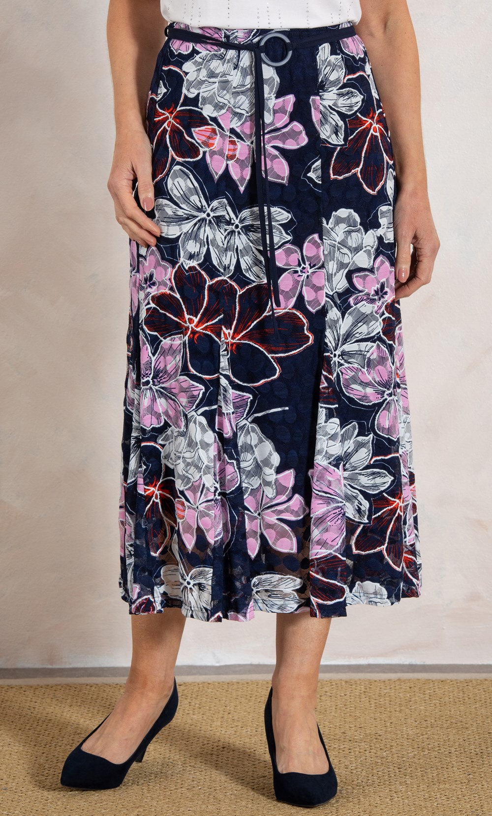 Anna Rose Floral Lace Mesh Midi Skirt