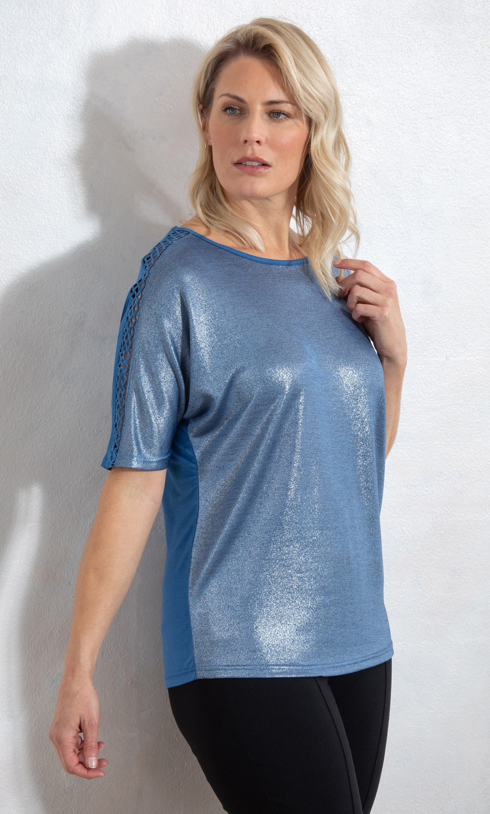 Short Sleeve Shimmer Knit And Jersey Top