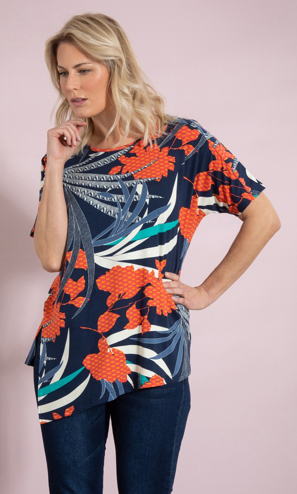 Brands - Klass Floral Print Short Sleeve Jersey Tunic Top Navy/Coral/Aqua Women’s