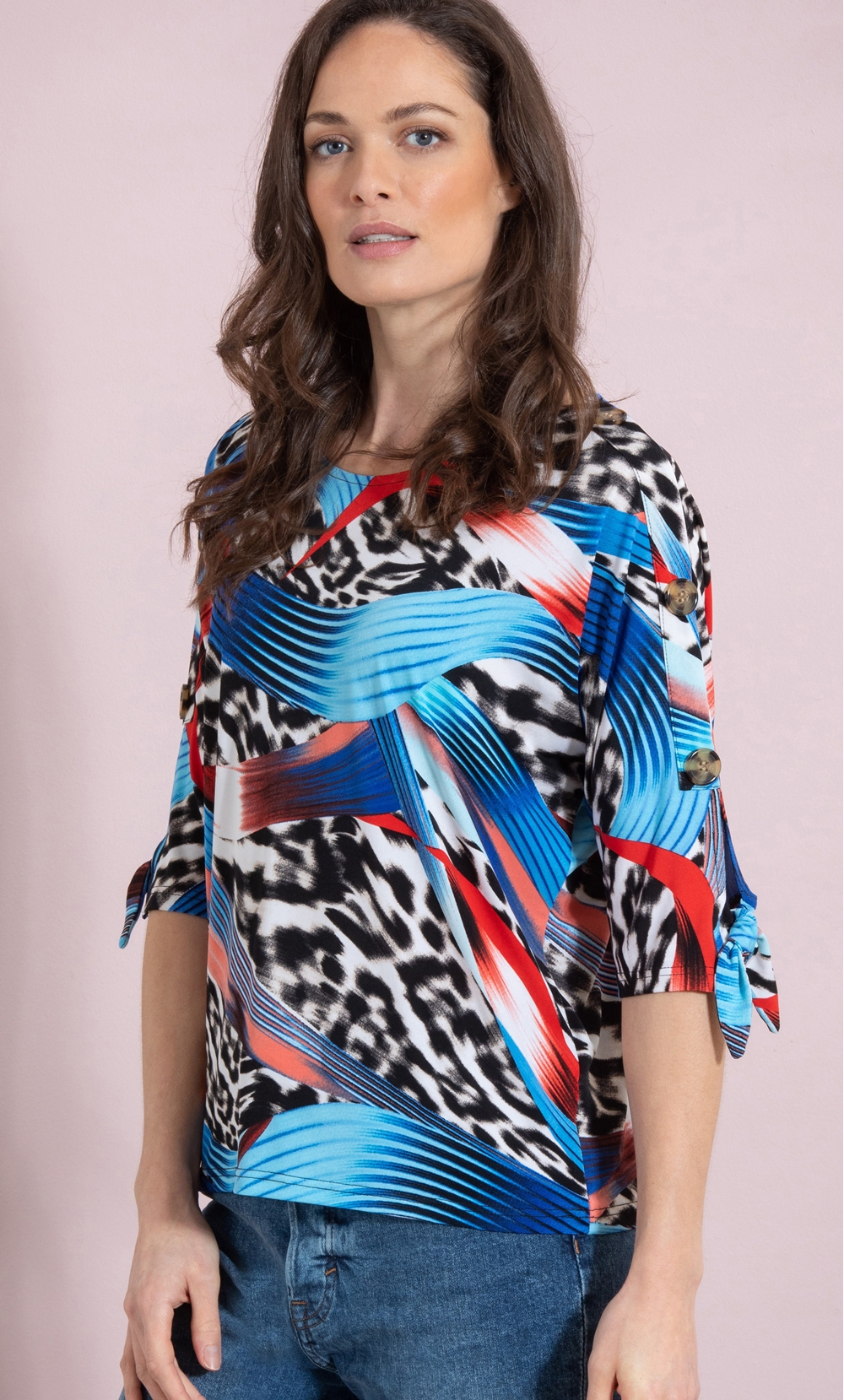 Printed Tie Cuff Jersey Top