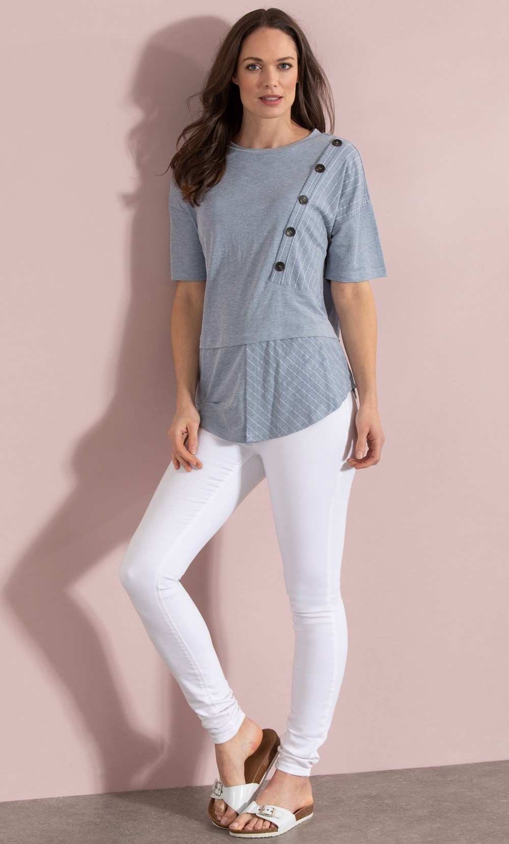 Button And Stripe Short Sleeve Top