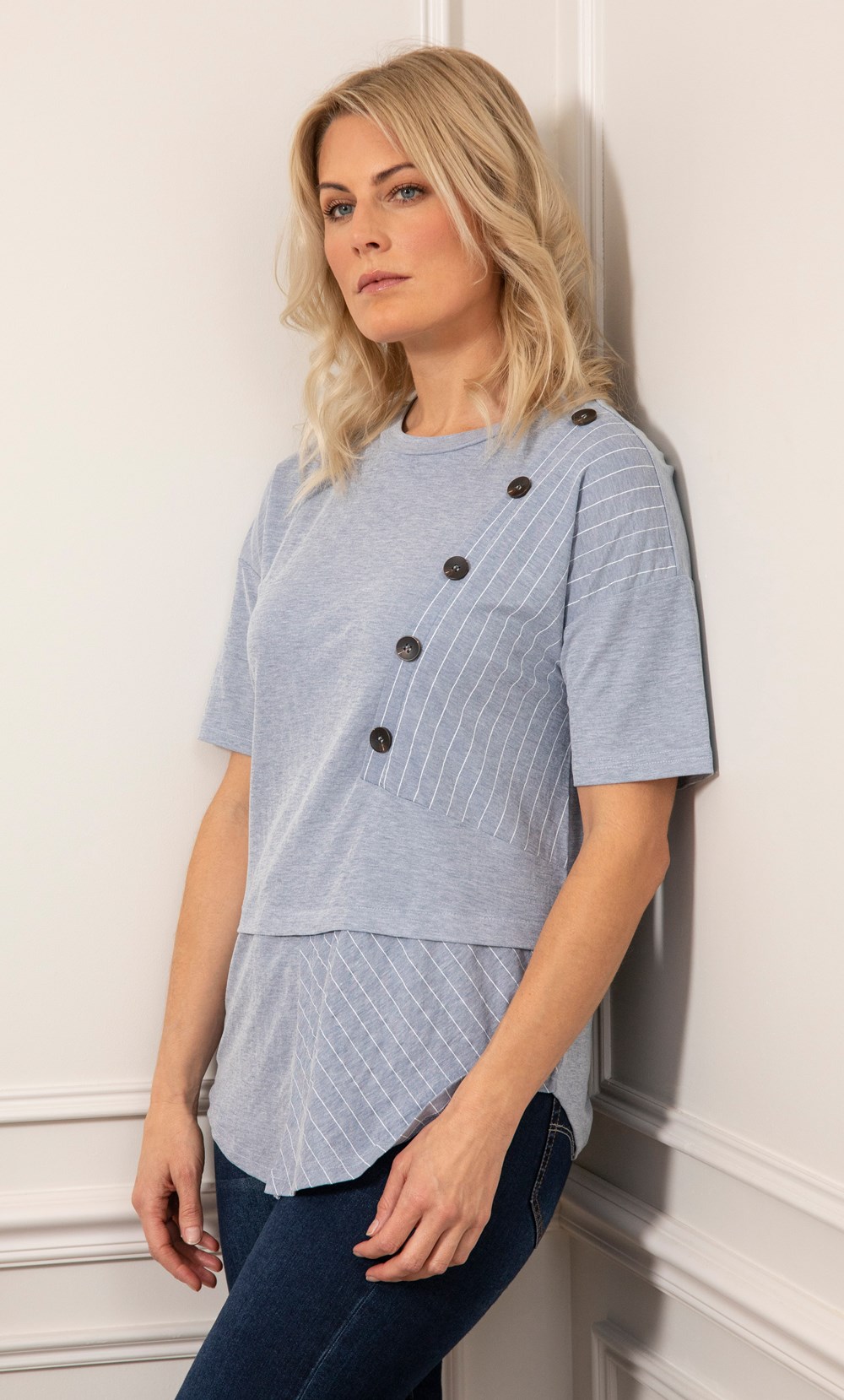 Button And Stripe Short Sleeve Top