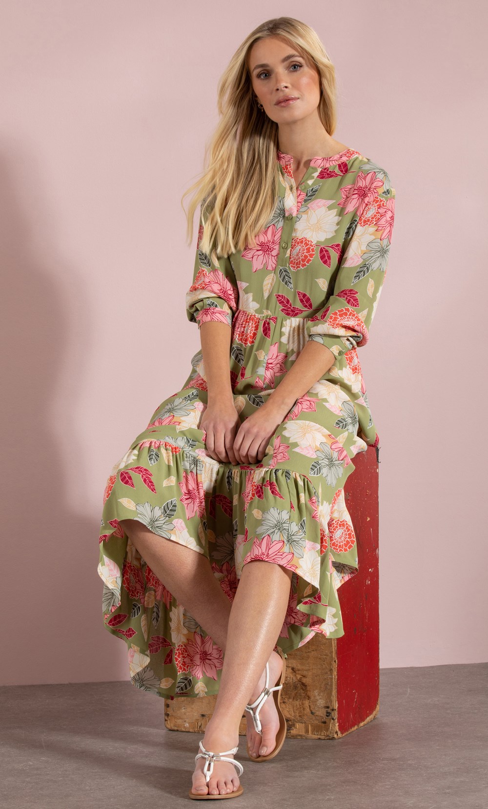 Klass Bouquet Print Maxi Dress Khaki/Coral Women’s