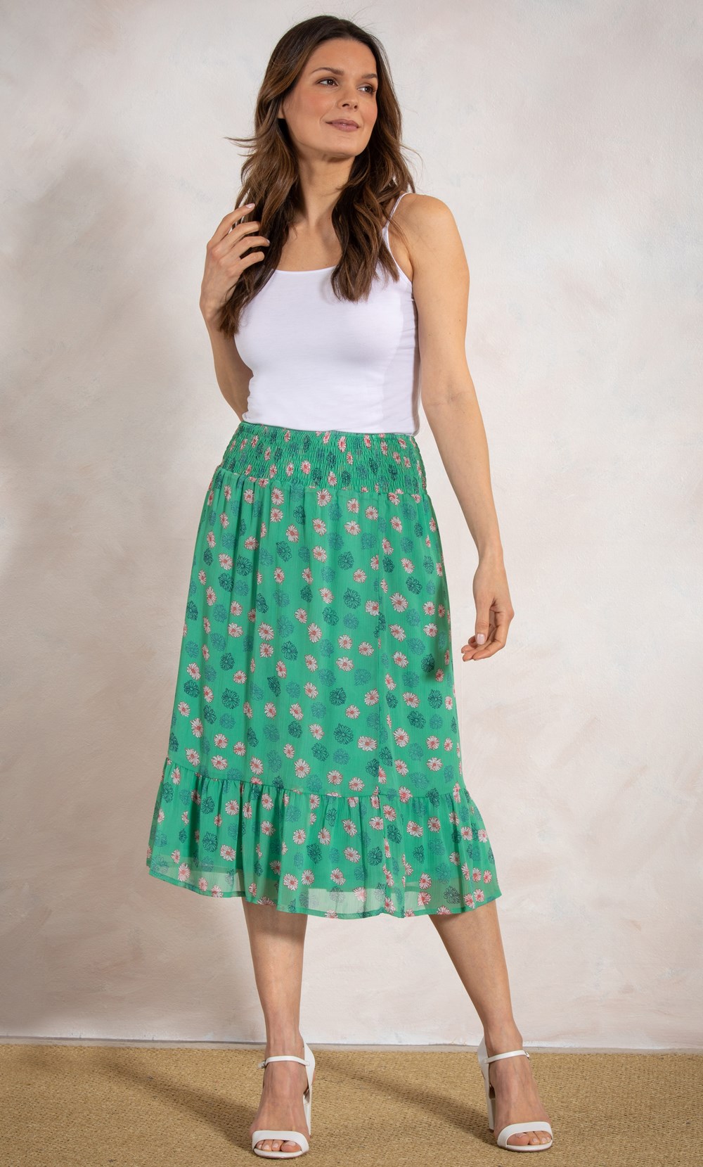 Printed Smocked Waist Midi Skirt