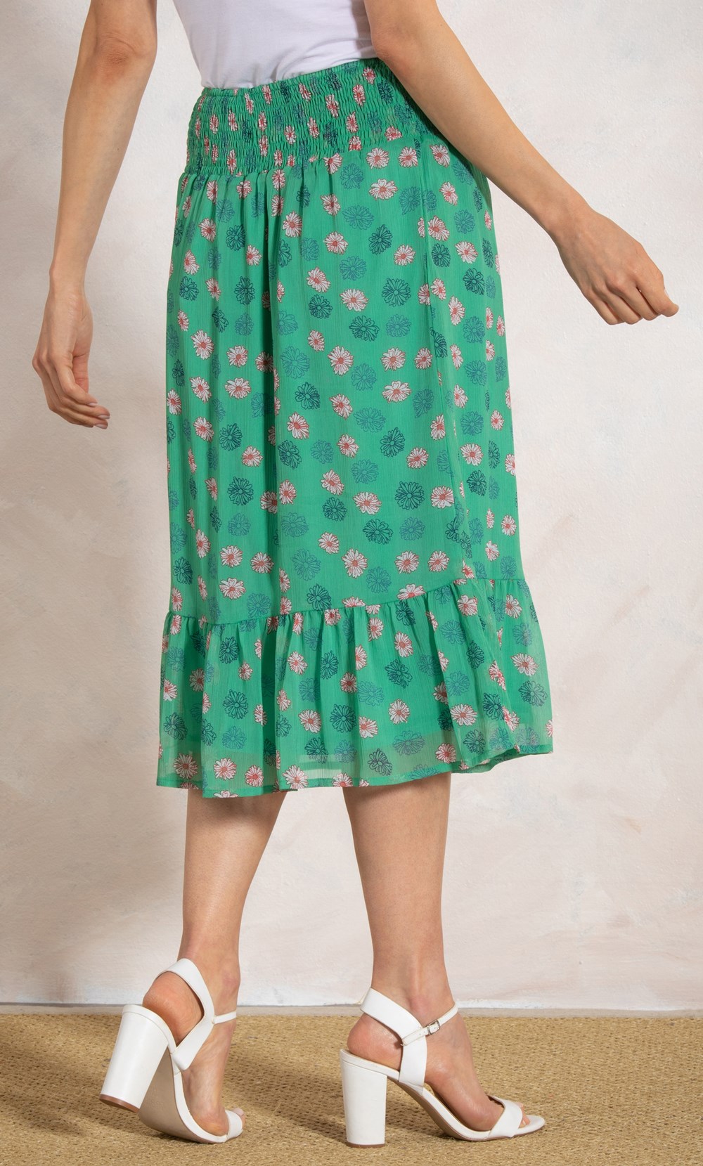 Printed Smocked Waist Midi Skirt