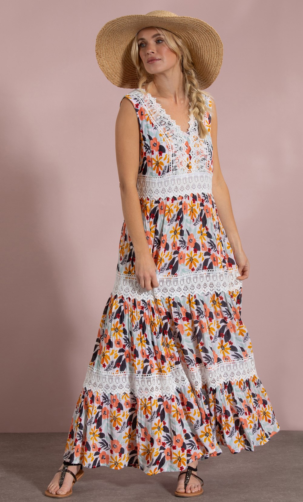 Lace Trim Floral Print Boho Maxi Dress