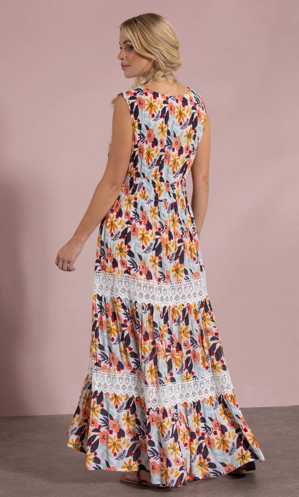 Lace Trim Floral Print Boho Maxi Dress