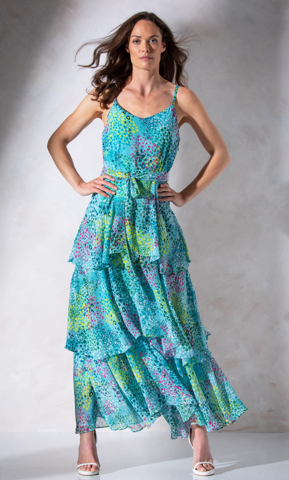 Brands - Klass Dot Print Layered Chiffon Maxi Dress Aqua/Multi Women’s
