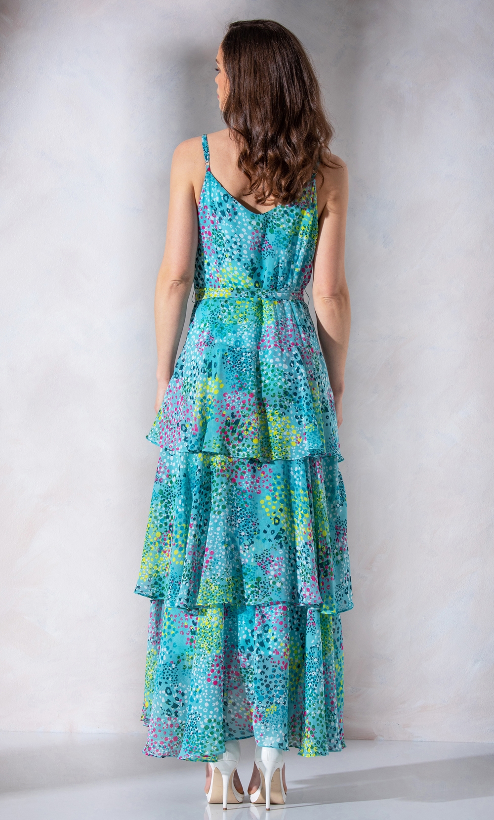 Dot Print Layered Chiffon Maxi Dress
