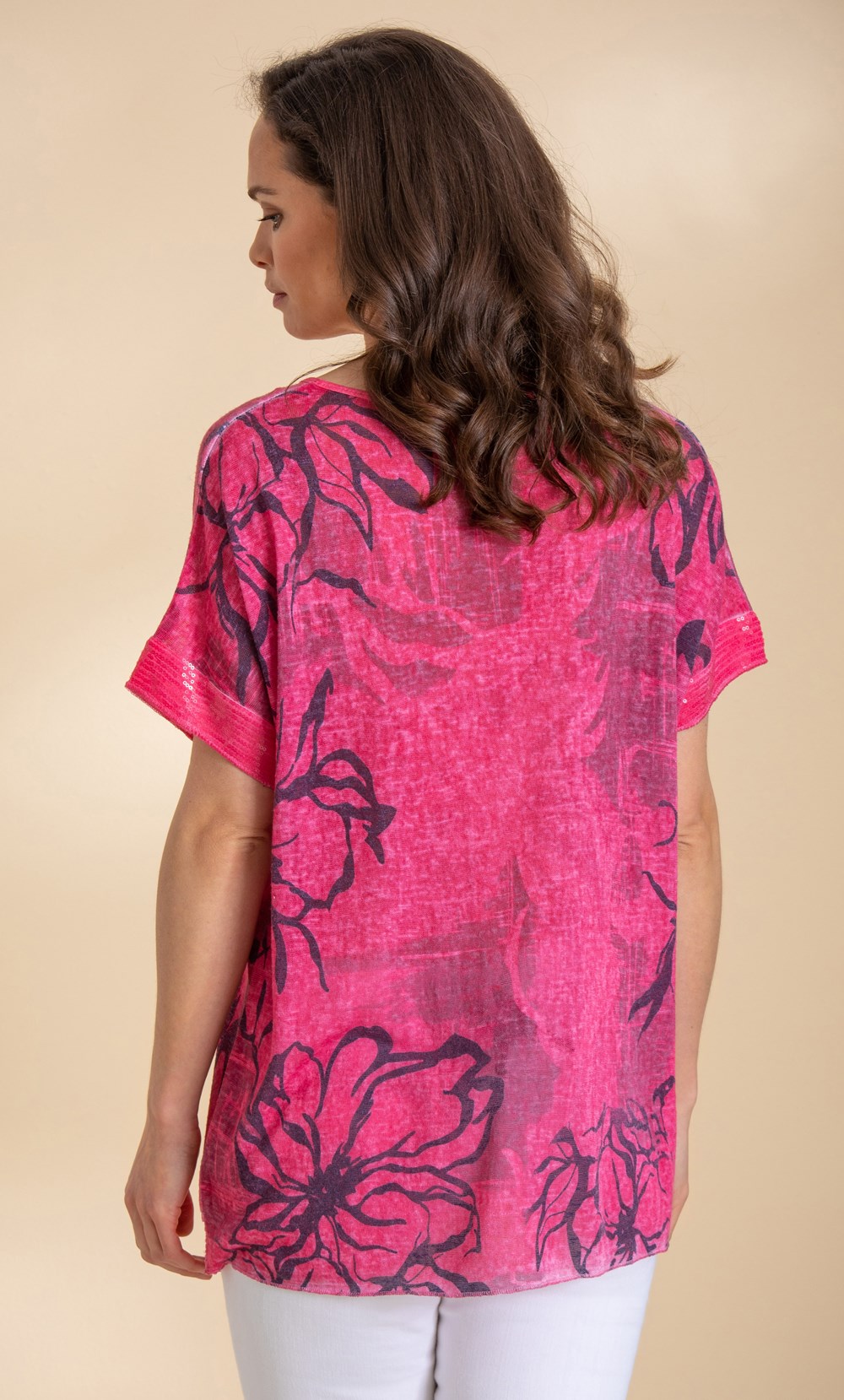 Sequin Trimmed Cotton Blend Oversized Printed Top