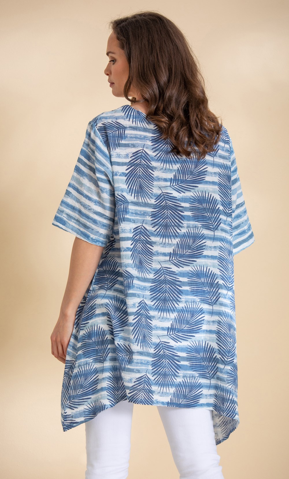 Leaf And Stripe Print Cotton Tunic Top