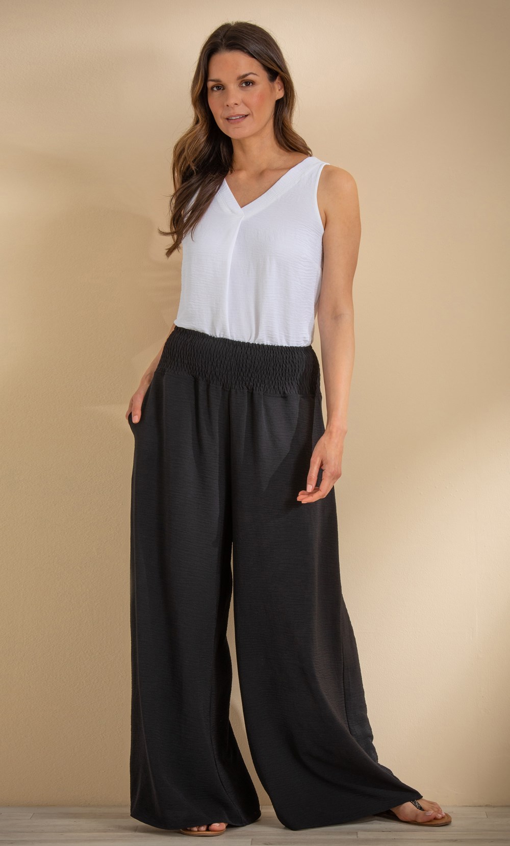 Wide Leg Crinkle Pull On Trousers